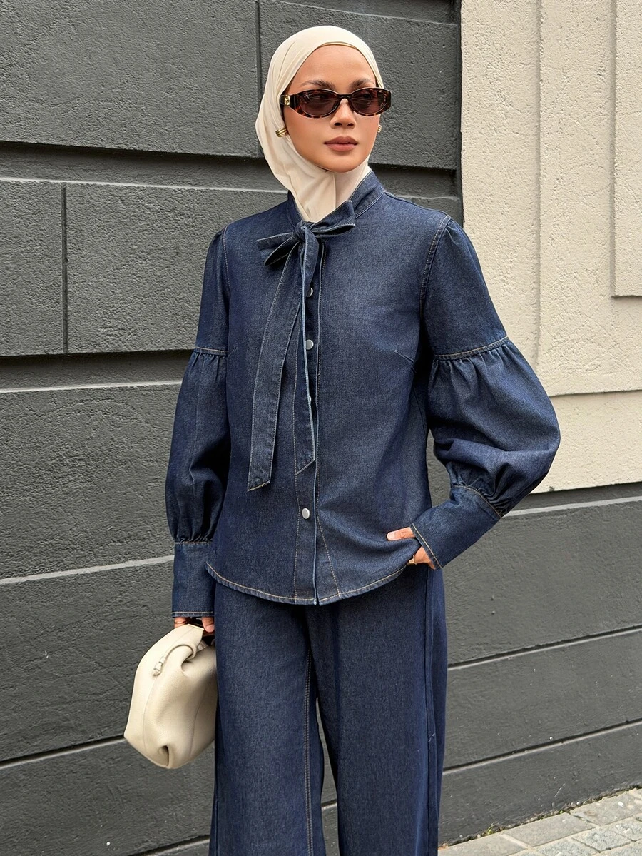 DAZY Women's Tie Neck Long Sleeve Shirt And Long Pants Casual Denim Set - Blue - View 1