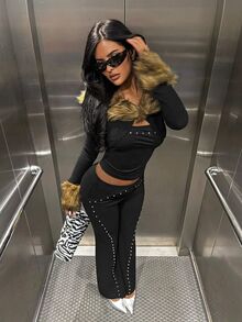 Jeanoix Y2K Street Punk Hot Girl Rivet Decor Versatile Slim Fit Flare Leg Women's Pants - Black - View 5