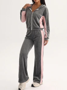 SHEIN Sovereign Charm Women's Zip-Up Long Sleeve Hoodie And Colorblock Pants Sports Set - Multicolor - View 5