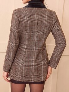 GlowEve CURVE Plus Size Women's Autumn/Winter Vintage Tweed Lapel Open Front Double-Breasted Commuter Minimalist Fashion Elegant Long Sleeve Overcoat Jacket - Brown - View 2