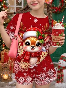 SHEIN Tween女孩休閒簡約可愛趣味卡通聖誕馴鹿圖案漸層波點雪花圓領短袖T恤，聖誕紅上衣，適合聖誕外出穿搭，Kawaii聖誕圖案T恤 - 彩色 - 查看 1