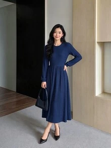 Yumoku Women's Solid Color Pleated Casual Party Summer Midi Dress - Navy Blue - View 4