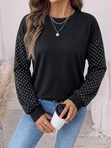 SHEIN LUNE Women's Polka Dot Patchwork Casual Daily Long Sleeve Sweatshirt - White - View 4