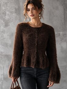Omancia Women's Round Neck Solid Color Faux Mink Fur Cardigan Sweater - Coffee Brown - View 3