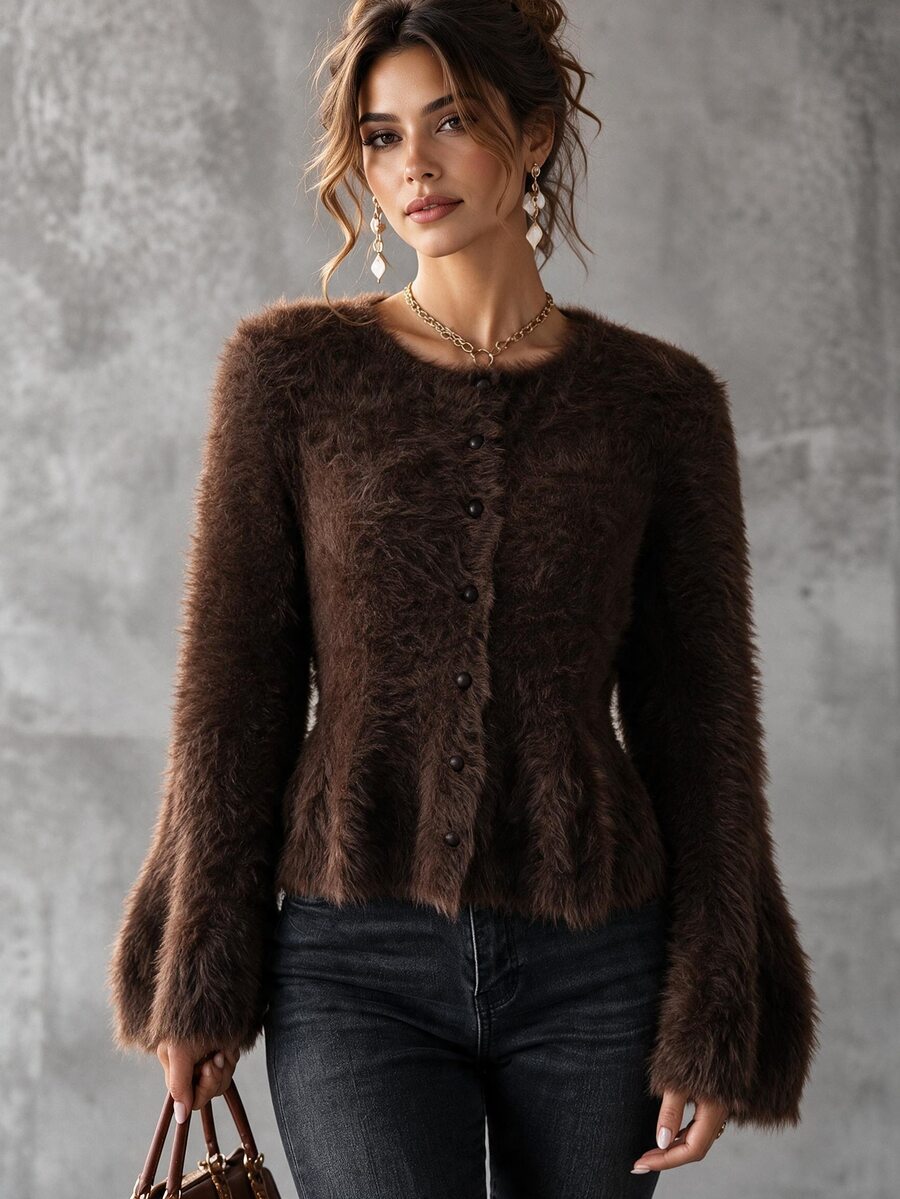 Omancia Women's Round Neck Solid Color Faux Mink Fur Cardigan Sweater - Coffee Brown - View 1
