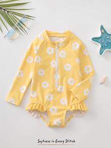 Cozy Pixies Baby Girl Floral Print Long Sleeve Zipper Swimsuit For Beach Vacation - Mustard Yellow - View 1