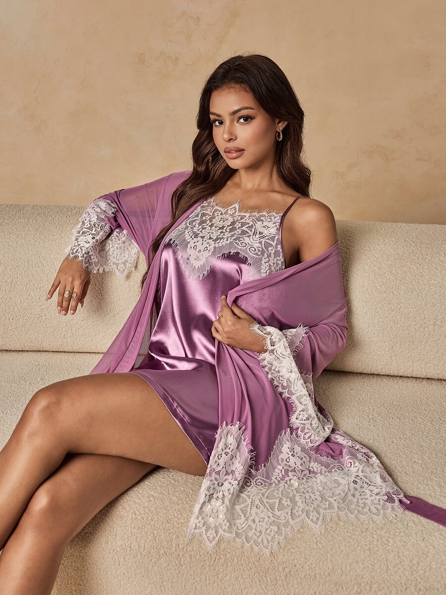 HautHeat Women's Contrast Lace Cuff Robe And Camisole Nightgown Elegant Sleepwear Set - Dusty Purple - View 1