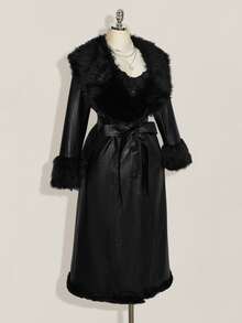 SHEIN ICON Plus Size Women's Fashion Versatile Winter Faux Fur Coat - Black - View 4