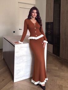 Modelyn Women's Contrast Color V-Neck Casual Daily Summer Knit Long Sleeve Top & Earrings & Skirt Optional Knit Set - Brown - View 3