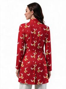 PopScrub Red Christmas Cartoon Reindeer & Star Print Fashion Stand Collar Long Sleeve Long Scrub Jacket, Double Pocket Patchwork Zipper Nurse Scrub Uniform Top, Professional Scrub Uniform Jacket, Suitable For Hospital And Various Clinic Workwear - Multicolor - View 3