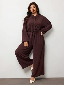 Enliva Plus Size Collared Drawstring Waist Wide Leg Jumpsuit Apple Homewear Going Out Corset Retro - Brown - View 3