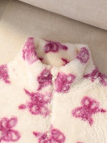 SHEIN Tween Girl Knit Faux Fur Stand Collar Bow Pattern Loose Casual Sweatshirt - Multicolor - View 3