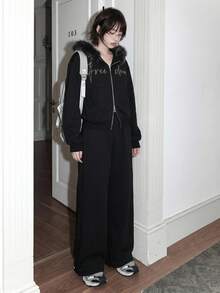 DAZY Women's Casual Long Sleeve Hoodie & Long Pants 2 Pieces Set, Korean Style - Black - View 5