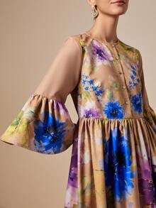 LOTSLUV Women's Autumn Elegant Vacation Commute, Yellow Watercolor Floral, Ruffle Cuff Waist-Cinched A-Line Printed Dress - Multicolor - View 8