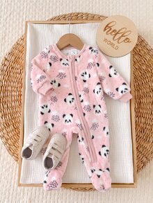 SHEIN 新生兒嬰兒毛絨保暖拉鍊連身長褲 秋季款 - 粉色 - 查看 7
