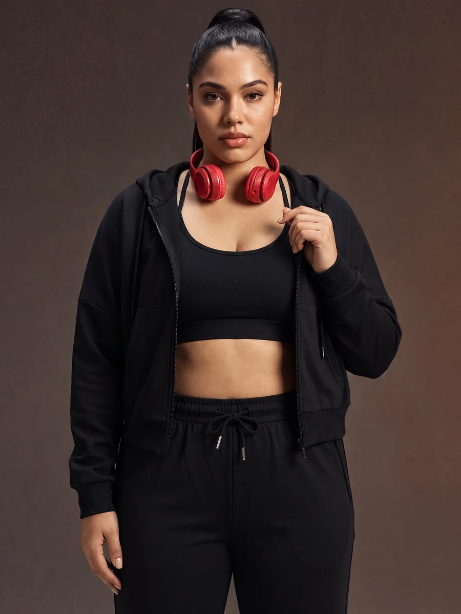 Powerista Women's Plus Size Solid Color Casual Versatile Daily Wear Hooded Sports Jacket - Black - View 1