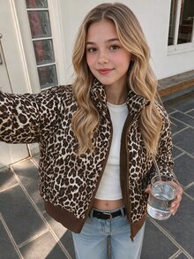 SHEIN Tween Girl Tween Girls Brown Polka Dot Oversized Cropped Stand Collar Puffer Padded Winter Coat - Coffee Brown - View 11
