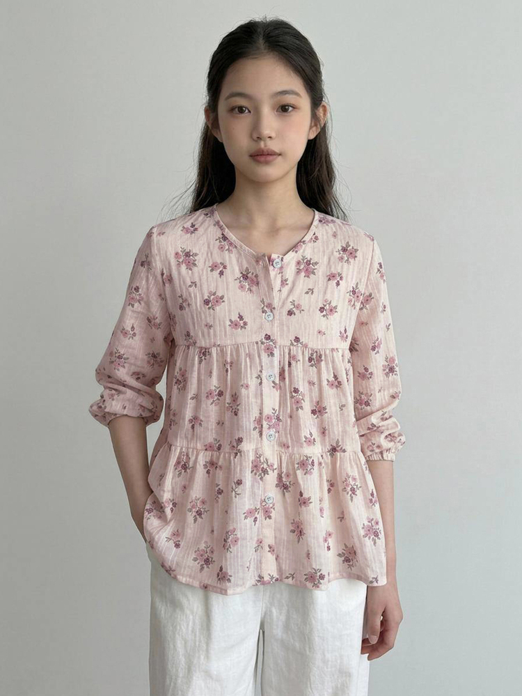 DAZY Round Neck Cute Floral Long Sleeve Autumn Sweet Tween Girl) Blouse - Pink - View 2