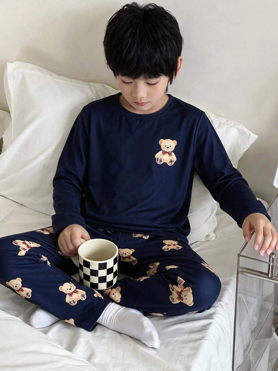 SHEIN Tween Boy Cartoon Pattern Kids Long Sleeve Top And Pants Casual Daily Sleepwear Set - Multicolor - View 1