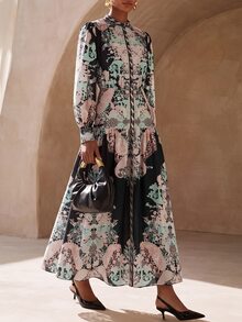 Zivah New Elegant Women's Court Style Dark Floral Print Front Button Placket Puff Long Sleeve Structured Dress - Multicolor - View 5