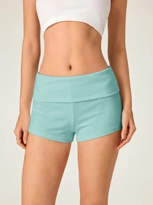 SHEIN BASICS 女款休閒基礎保守版寬鬆運動休閒風素色羅紋針織短褲，夏季健身房運動白色運動健身皮拉提斯 - 薄荷綠 - 查看 4