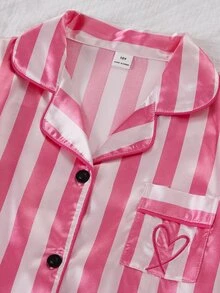 SHEIN 3件組女孩休閒西瓜印花條紋短袖開襟衫、短褲與長褲套裝居家服 - 粉色 - 查看 4