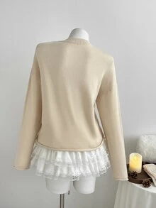 Elamini Women's Autumn/Winter Solid Color Bow & Double Deer Jacquard Loose Slouchy Retro Sweet Long Sleeve Sweater Top - Khaki - View 2