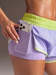 Powerista Women's Colorblock Tank Top And Pocket Double Layer Shorts Sports Set - Purple - View 5