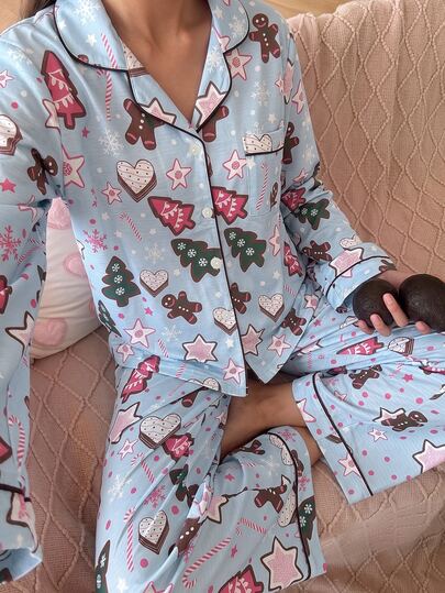 SweetSlumber Bộ đồ ngủ nữ tay dài cổ bẻ họa tiết người gừng Giáng Sinh kèm quần dài