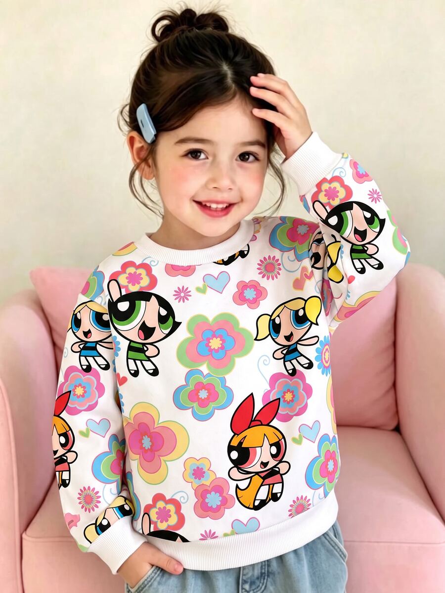 THE POWERPUFF GIRLS X SHEIN 女嬰花卉卡通角色印花長袖寬鬆圓領衛衣,春秋休閒款 - 白色 - 查看 1