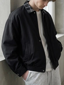 DAZY Spring/Autumn Black Patchwork Plaid Fabric Collar Korean Style Men's Jacket - Black - View 3