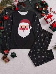 SHEIN 男士純色圓領長袖休閒居家服套裝 - 黑色 - 查看 2