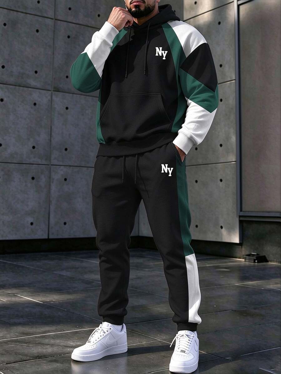 Manfinity Homme Men's Color Block Hoodie & Jogger Set, Loose Fit Drawstring 2-Piece Tracksuit For Streetwear - Multicolor - View 1