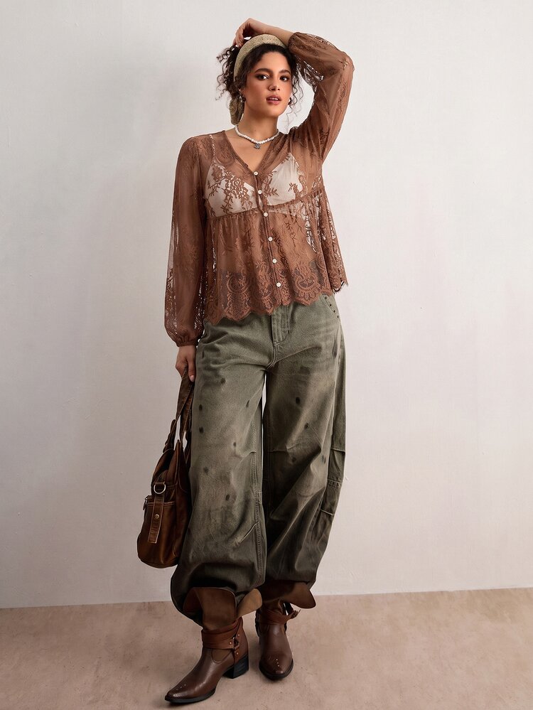 Freevana Plus Size Women's Lace Shell Button Sheer Blouse,Lantern Sleeve Loose Shirt,White Summer Boho Holiday Cover-Up,Bachelorette Party Tea Party Top Fall - Rust Brown - View 3