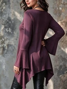 Linhara CURVE Women's Plus Size Brushed Ribbed Long Sleeve V-Neck Bell Sleeve Asymmetrical Hem Mid-Length Slimming Top, Casual T-Shirt For Autumn/Winter Fall - Brown - View 6