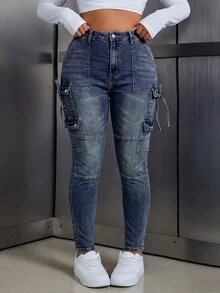 SHEIN ICON 大尺碼女款口袋鈕扣打結休閒百搭日常牛仔褲 - 藍色 - 查看 4