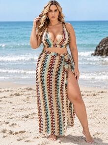Swim Oasis Plus Size Women's Summer Beach Colorblock Sexy Bikini And Triangle Panty Two-Piece Swimsuit Set With Skirt - Multicolor - View 3