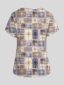 PopScrub Light Gray Gift Box Bow Print Women's Nurse Scrub Uniform Top, Spring/Autumn Fashion V-Neck Short Sleeve Double Pocket Design Workwear, Cute Women's Scrub Top, Scrub Uniform - Multicolor - View 2
