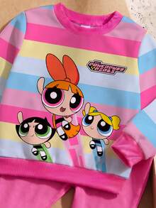 THE POWERPUFF GIRLS X SHEIN 女童彩色條紋卡通印花圓領運動衫 + 純色鬆緊腰喇叭褲套裝，春秋休閒返校運動穿搭 - 玫紅色 - 查看 3