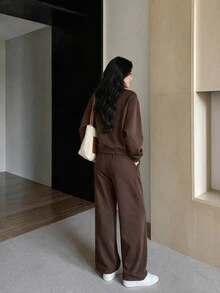 Yumoku Women's Solid Color Long Sleeve Zip-Up Hoodie And Pants Casual 2 Pieces Set - Coffee Brown - View 2