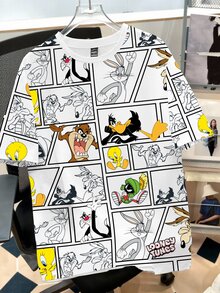 LOONEY TUNES X SHEIN Daypath 男士全印花休閒百搭日常短袖T恤 - 白色 - 查看 1