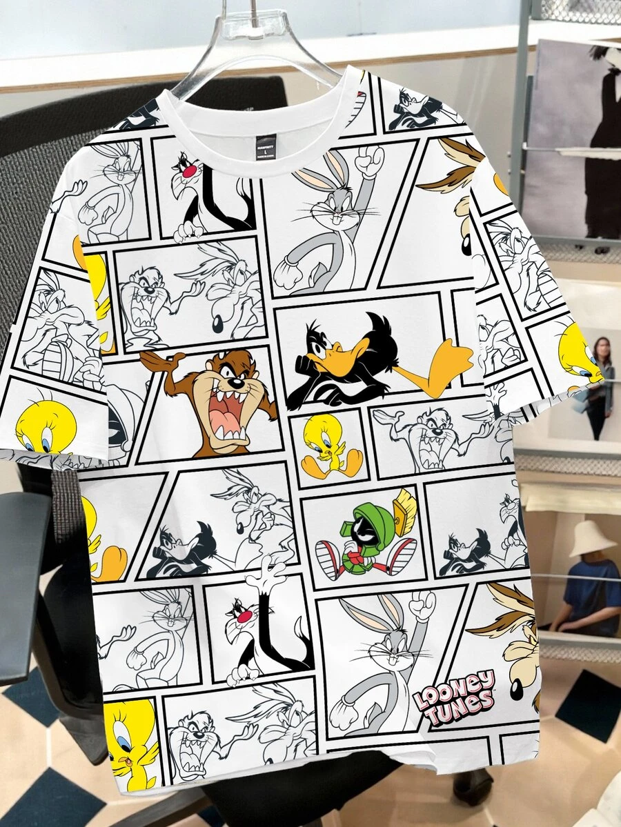 LOONEY TUNES X SHEIN Daypath 男士全印花休閒百搭日常短袖T恤 - 白色 - 查看 1