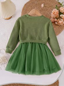 SHEIN Playful Pals 1件女童蝴蝶結裝飾圓領長袖網紗下擺洋裝，清新優雅時尚，可愛甜美，適合秋冬穿著 - 墨綠色 - 查看 2