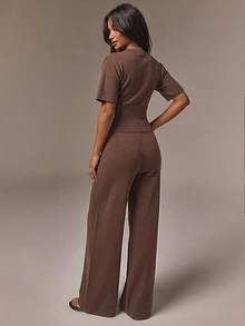 Athîral Women's Casual Brown Short Sleeve Knit Top And Long Pants 2 Pieces Set, Suitable For Spring/Summer, Commuting, Outings, Vacation - Brown - View 2