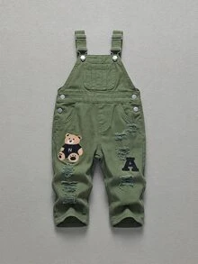 嬰兒/幼兒男童黑色熊與字母刺繡破洞水洗牛仔褲 - 軍綠色 - 查看 1