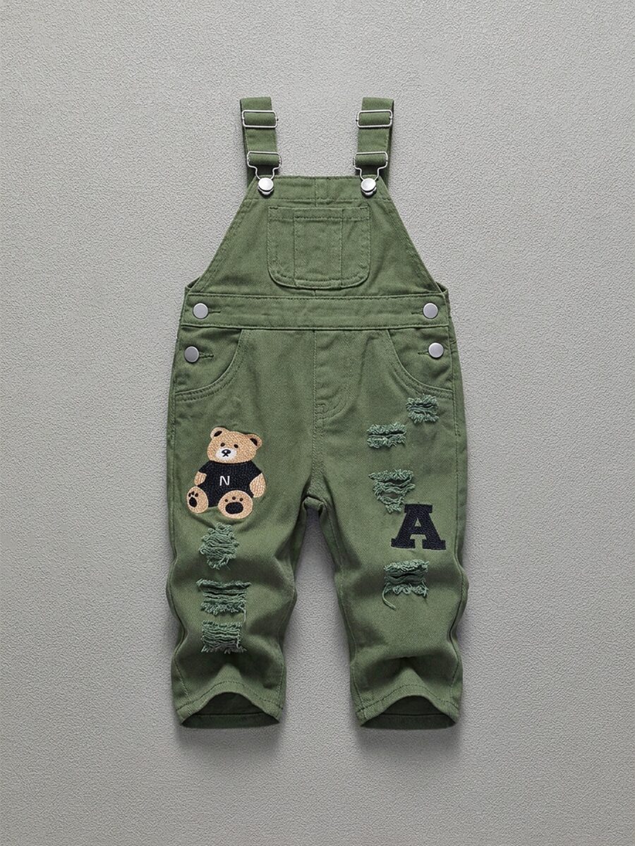 嬰兒/幼兒男童黑色熊與字母刺繡破洞水洗牛仔褲 - 軍綠色 - 查看 1