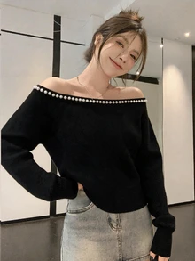 DAZY Women's Solid Color Asymmetrical Shoulder Faux Pearl Decor Casual Daily Wear Sweater - Black - View 3