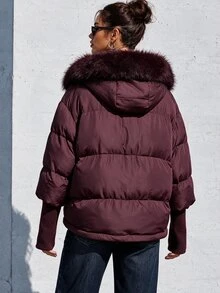 Penseblé Women's Solid Color Zipper Fleece Patchwork Casual Versatile Winter Hooded Padded Coat - Burgundy - View 4