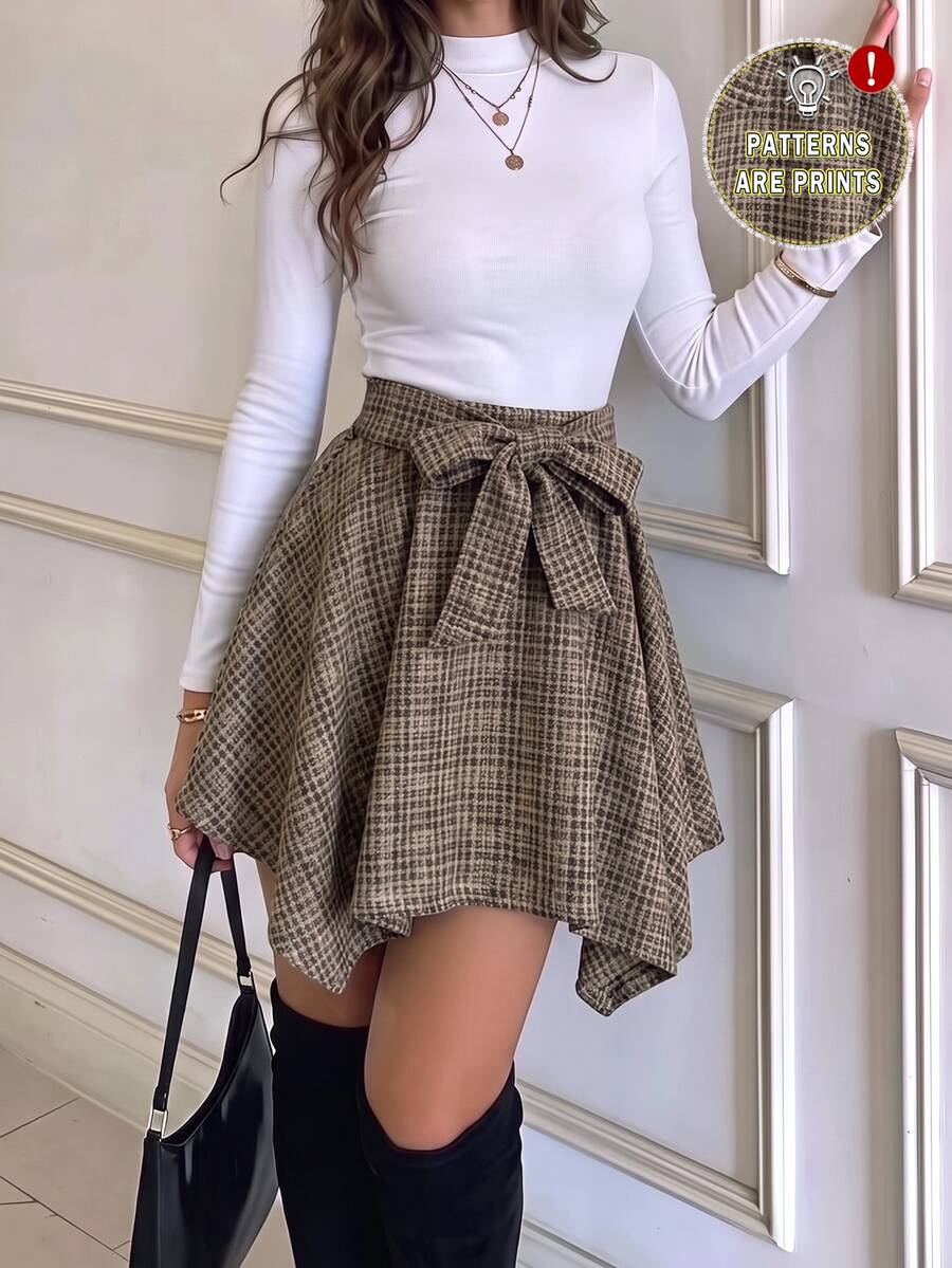 SHEIN LUNE 女款蝴蝶結格紋優雅不對稱裙,適合秋冬穿著 - 彩色 - 查看 1