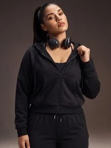 Powerista Women's Plus Size Solid Color Casual Versatile Daily Wear Hooded Sports Jacket - Black - View 5